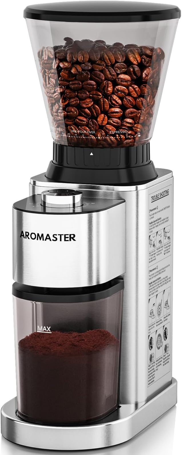 Aromaster Burr Coffee Grinder with 48 Gind Settings, Conical Coffee Bean Grinder for Home Use,Stainless Steel,40 Seconds Adjustable Timer,Anti-static,Easy to Clean with Brush