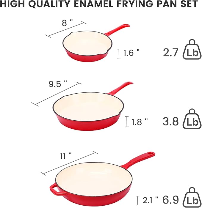 Hisencn Enameled Cast Iron Frying Pan Set, 3 Piece Set of 8''/9.5''/11'' Skillets, PFAS & PTFE & PFOA Free, Gas/Induction/Electric/Oven Compatible, Rouge Red