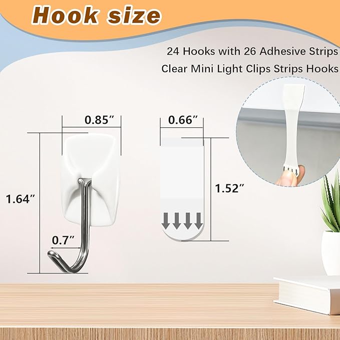 Small Wire Hooks for Wall 24 Hooks + 26 Adhesive Strips,Damage Free Hanging Wall Hooks with Adhesive Strips,No Tools Adhesive Hooks for Key Holder,Christmas Decorations (Holds up to 0.5 lb)