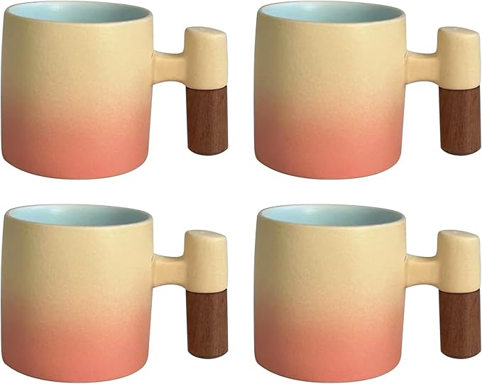 2-Oz Ceramic Espresso Cups with Wood Handle, 2/4-Piece Set for Coffee, Tea, Latte - Dishwasher Safe, Multi-Color & Wood Styles, Gift & Café Use (pink, Wooden Handle4)