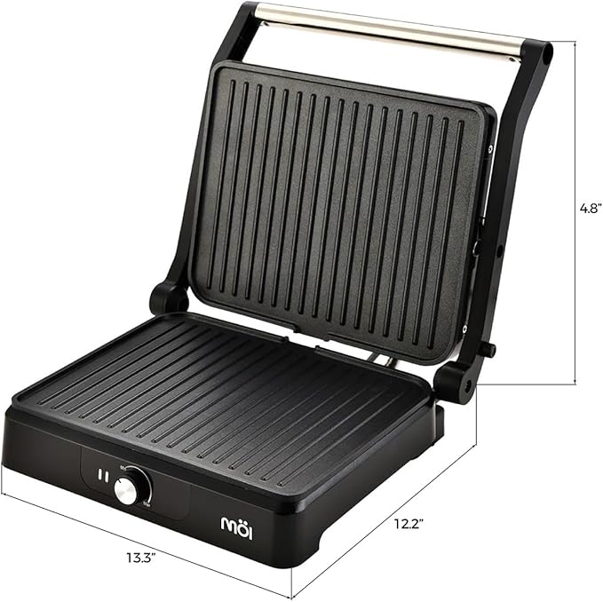 MOI Panini Press Grill & Sandwich Maker - 180° Dual-Plate Stainless Steel Grill Press for Paninis, Grilled Cheese, Burgers, Quesadillas, Breakfast, and More - 11 x 9 Inch Panini Maker with Drip Tray
