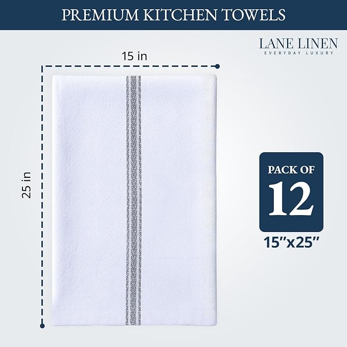 LANE LINEN Kitchen Hand Towels, 12 Pack Dish Towels for Kitchen Drying, 100% Cotton Super Absorbent Tea Towel, Quick Dry, 14"x25", Useful for Cleaning Countertops, Durable for Daily Use - Grey Stripe