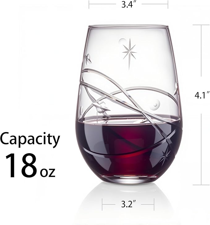 SHOSHIN Hand-Cut Space Pattern Stemless Wine Glasses 18 Oz, 4-Pack - Lead-Free Crystal, Dishwasher Safe & Artisan Engraved Design for Modern Entertaining