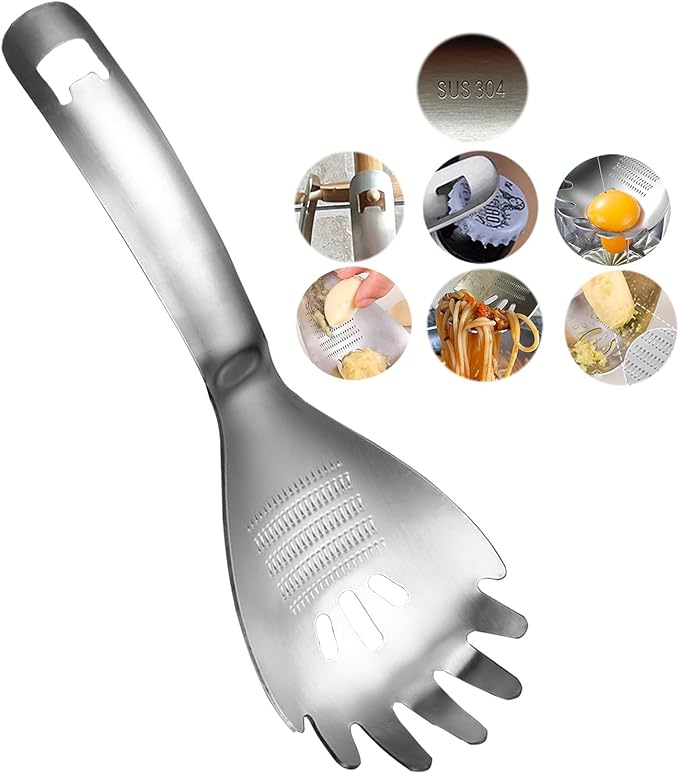 Slotted Spoon,304 Stainless Steel Multi-Functions Cooking Skimmer,Spaghetti Pasta Server Spoon,Ginger Crusher,Potato Press Tool,Egg Separator,Disher Scoop for Kitchen Utensil (Style A)