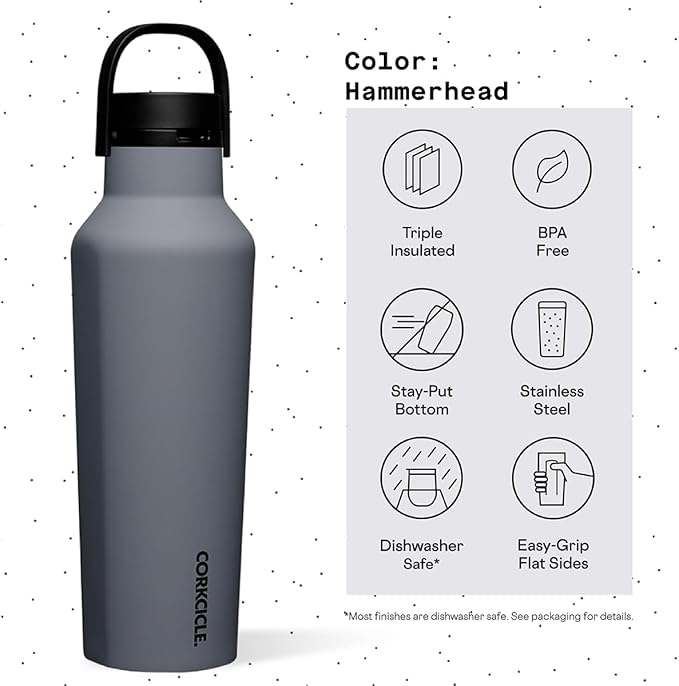 Corkcicle Sport Canteen - Keeps Drinks Cold 25 Hours - Stainless Steel Water Bottle - Triple-Insulated - Spill-Proof - Summer Drinkware Gift - Keeps Drinks Ice Cold - 20 oz - Hammerhead