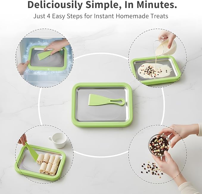 Rolled Ice Cream Maker Kit, At-Home Rolled Ice Cream Machine with Instant Freeze Tray & 2 Scrapers, DIY Rolled Ice Cream Tray for Kids & Adults, Stainless Steel Frozen Dessert Maker (Green)