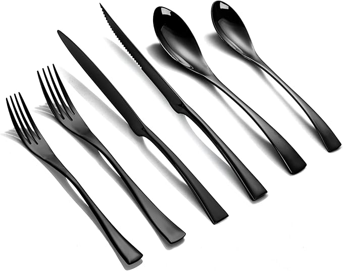 Lemeya 24-Piece Black Silverware Set with Steak Knives,Forged 18/10 Stainless Steel Cutlery Set for 4,Modern Heavy Duty Flatware Utensils Set,Fork Spoon and Knives Set, Mirror Polished,Dishwasher Safe