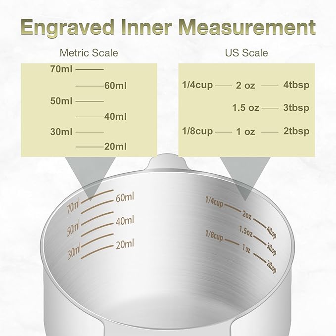2PCS 1/3Cup (80ml, 2.6oz) Single Measuring Cup, Etched Inner Scale Stainless Steel Measure Scoop, Metric and US Measurement, Dishwasher Safe
