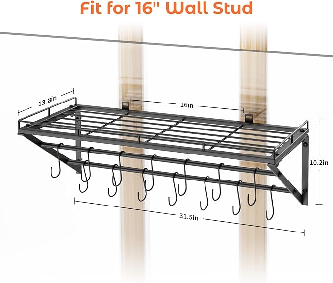 OROPY 31 Inch Wall Mounted Pot Rack Storage Shelf with 2 Tier Hanging Rails 14 S Hooks included, Ideal for Pans, Utensils, Cookware - Black
