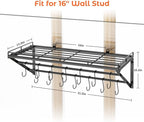 OROPY 31 Inch Wall Mounted Pot Rack Storage Shelf with 2 Tier Hanging Rails 14 S Hooks included, Ideal for Pans, Utensils, Cookware - Black