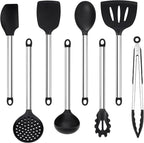 Silicone Cooking Utensils Set, Vayvnt 8 PCS Kitchen Utensils Set with Stainless Steel Handle, Heat Resistant Kitchen Tools for Nonstick Cookware, Large Spatula Spoons Turner, Dishwasher Safe, Black