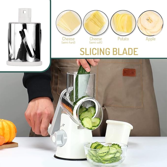Rotary Cheese Grater with Handle Vegetable Shredder Round Kitchen Slicer Mandoline Grater for Vegetable, Nuts, Chocolate, Chesse, White, 3 Stainless Steel Blades