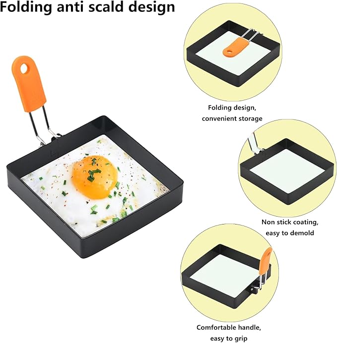 2 Pcs 4 In Square Egg Ring for Frying,Egg Pancake Cooking Rings,Non Stick Stainless Steel Omelet Maker,Equipped with silicone insulated handle,oil brush,and egg separator