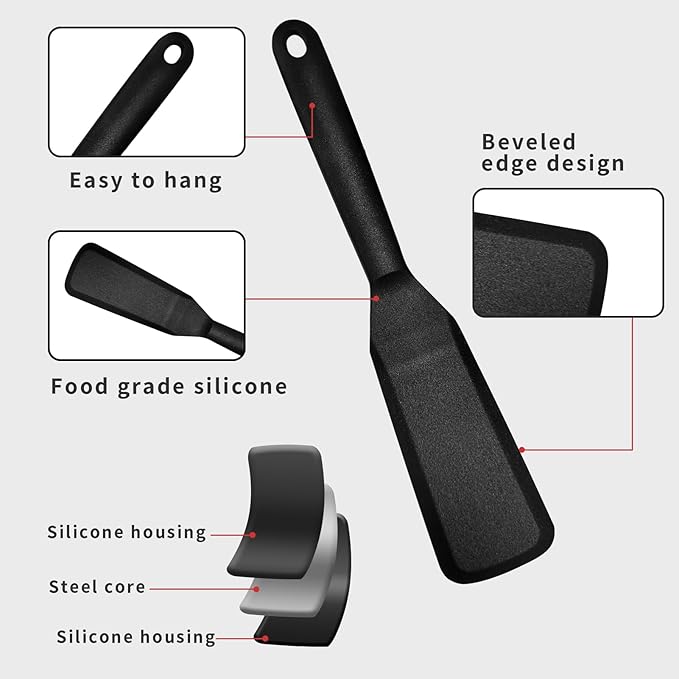 Dioycli Silicone Spatulas for Cooking Heat Resistant Pancake Spatula, Non Stick Long Omelette Spatula Turner Bpa Free 2 Pieces for Crepes Egg Burgers Pizza Cookie（Black）