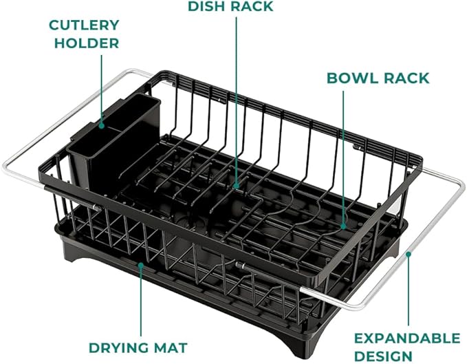 Small Dish Drying Rack in Sink, Expandable Stainless Steel Dish Drainers for Kitchen Counter, with Drain Board & Utensil Holder(Black)