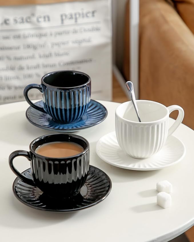 Hasense Ceramic Cappuccino Cups and Saucers - 8 Oz, Large Ribbed Coffee Mugs Set of 4 for Coffee,Tea,Latte and Macchiato, Demitasse Cups Set Aesthetic Gifty, Black