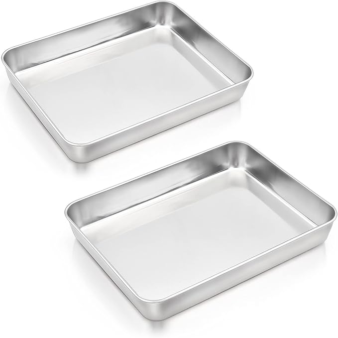 E-far Baking Pans Set of 2, 12.4” x 9.6” x 2” Stainless Steel Rectangular Cake Pans, Baking Sheet Pan for Lasagna Brownies Casseroles, Non-toxic & Healthy, Dishwasher Safe