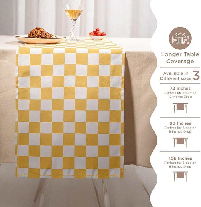Folkulture Table Runner | Table Runners 108 inches Long | Checkered Table Runner for Farmhouse Decor or Boho Decor | Yellow Table Runners for Dining Room Table Decor | Table Decorations for Party