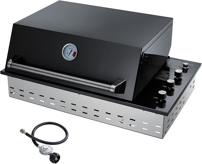 34-Inch Premium Built-In Liquid Propane Griddle for Outdoor Kitchen, 3-Burner Heavy Duty Stainless Steel Flat Top Grill with Lid, 48,000 BTUs, Large Cooking Area for BBQ Island, Outdoor Cooking, Black