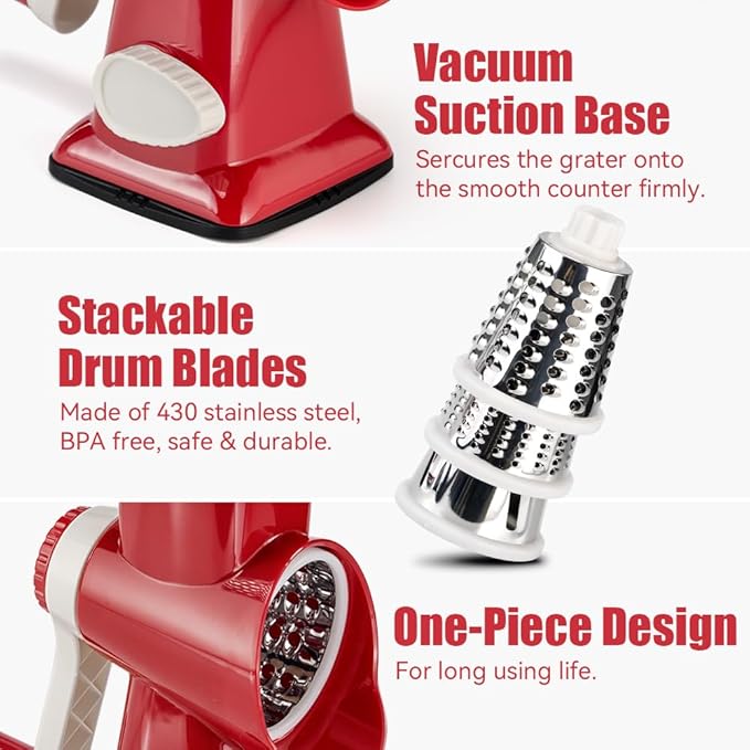 KEOUKE Rotary Cheese Grater Hand Crank Red - Shredder Slicer Grinder 3 Stainless Steel Blades, Stable Suction, Labor-Saving Handle, Safe Kitchen Tool for Cheese, Vegetable, Nuts, Chocolate
