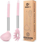 Silicone Pasta Fork and Ladle Spoon Set, Large Non Stick Kitchen Utensils for Cooking,Stirring,Serving Spaghetti, Soup, Sauce (PINK)