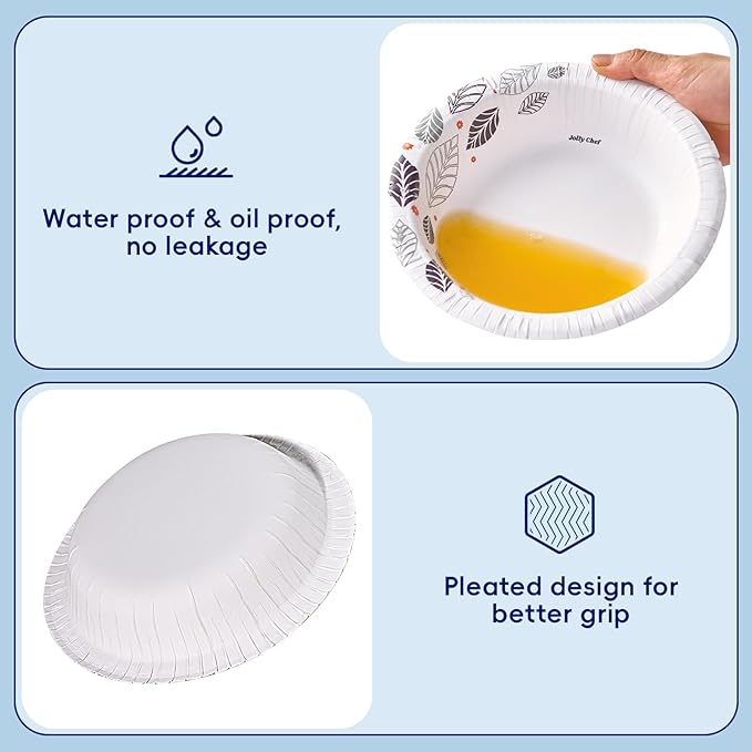 JOLLY CHEF 160 Count Paper Bowls 20 oz Soak Proof and Cut Proof Microwave Safe Heavy Duty Leaf Printed Disposable Bowls for Dinner or Thanksgiving