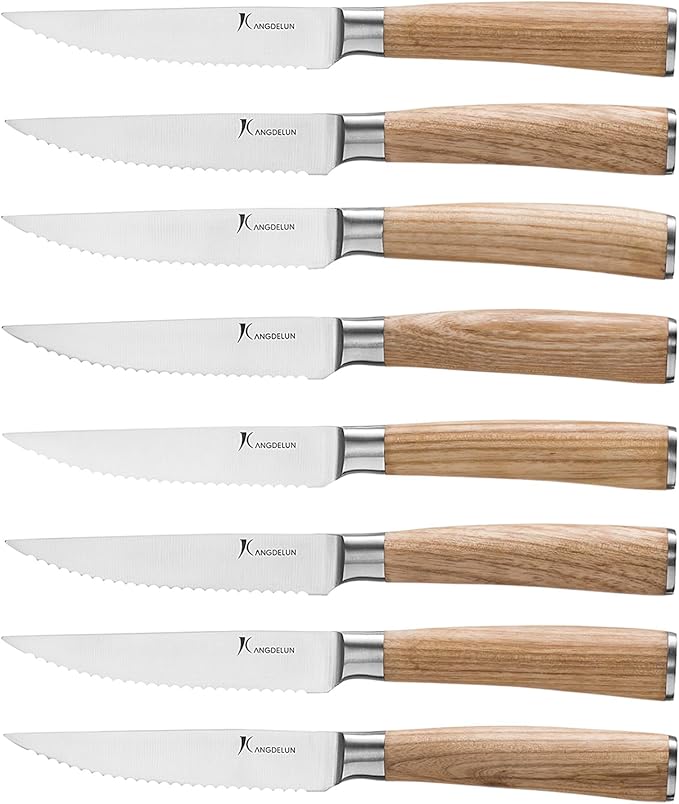 Natura Series 4.5” Serrated Steak Knife Set of 8, High Carbon Stainless Steel, Wooden Handle