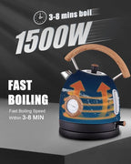 Retro Electric Kettle, 1.7L / 1500W Electric Tea Kettles for Boiling Water, Wood Pattern Handle Blue Stainless Steel Hot Water Boiler with Temperature Display, Auto Shut-off Boil-Dry Protection
