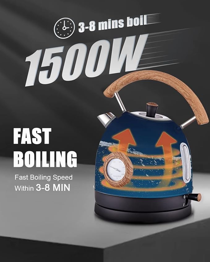Retro Electric Kettle, 1.7L / 1500W Electric Tea Kettles for Boiling Water, Wood Pattern Handle Blue Stainless Steel Hot Water Boiler with Temperature Display, Auto Shut-off Boil-Dry Protection