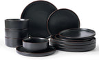 Famiware Nebula Ridge Stoneware Dinnerware Sets, Plates and Bowls Sets for 4, 12 Pieces Dishes Set, Microwave and Dishwasher Safe Kitchen Plates, Matte Black