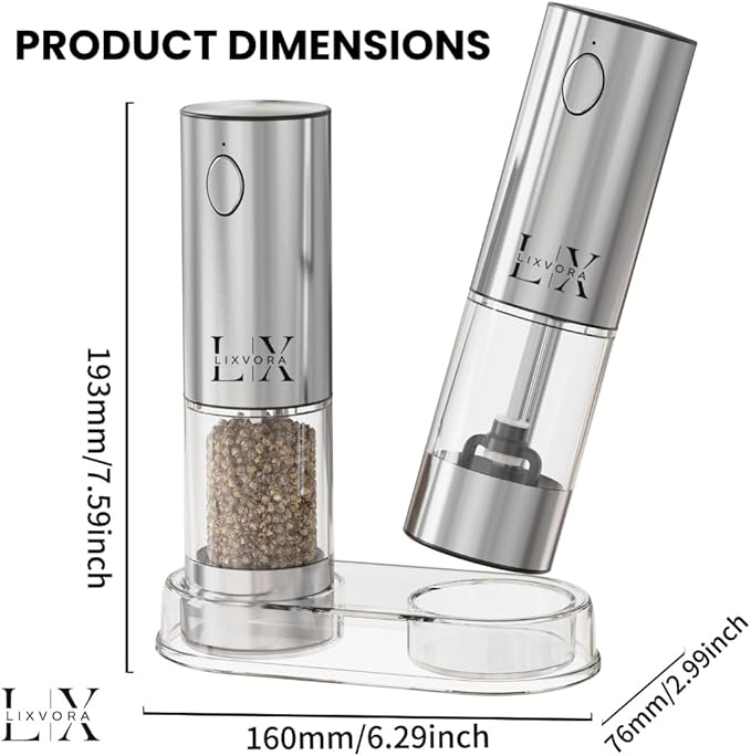 Automatic Salt and Pepper Grinder Set – Rechargeable Stainless Steel Mills with Adjustable Coarseness, One-Handed Operation, LED Light & Storage Base