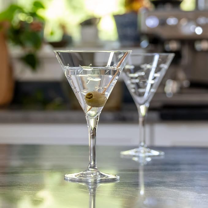Rolf Glass School of Fish Martini Glass | Stemmed 7.5 oz. Martini Glasses | Lead-Free Glass | Diamond-Wheel Engraved Cocktail Glasses | Made in the USA (Set of 2)