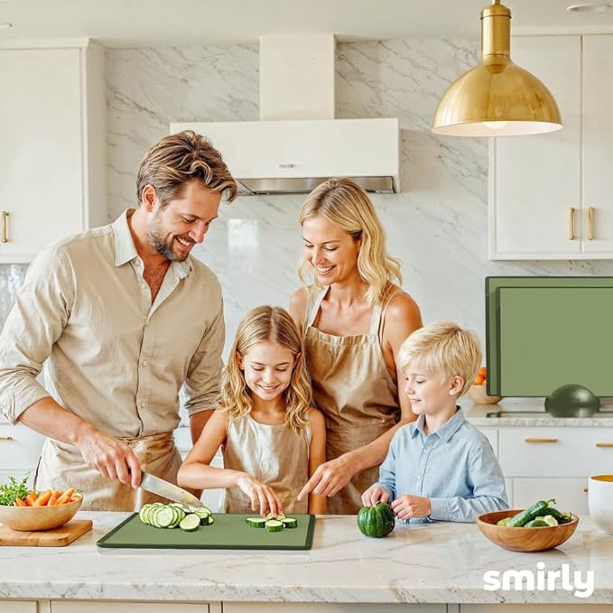SMIRLY Plastic Cutting Board Set with Holder 3 Pieces, Non-Slip Dishwasher Safe Chopping Boards for Kitchen, Green