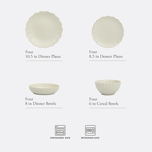 Gibson Elite Malibu Shore 16 Piece Scallop Stoneware Reactive Glaze (Service for 4) Ceramic Plates and Bowls Dinnerware Set - Cream White