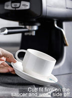 Sweese 8 Ounce Porcelain Stackable Cappuccino Cups with Saucers and Metal Stand - for Specialty Coffee Drinks, Cappuccino, Latte, Americano and Tea - Set of 4, White