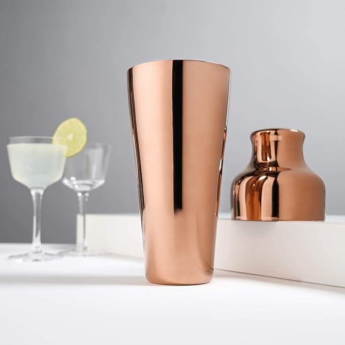 Viski Parisian Cocktail Shaker, Contoured High Shine Polished Stainless Steel with Built-In Cap and Strainer, Copper 25 Oz Set of 1