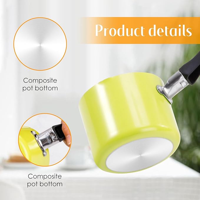 Mini Saucepan, 0.5QT Green Nonstick Butter Warmer with Handle 2 Pour Spouts Multi Milk Pot Stockpot Practical Small Melting Pot Valentine's Day