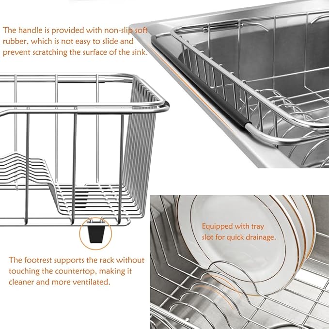 Stainless Steel Dish Drying Rack(15.2"L X 13"W X 5.8"H), Expandable Fruit & Vegetable Drain Rack over Sink, Dish Drainer Rack in Sink, with Stainless Steel Utensil Holder & Silicone Mat(16")