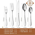 KINGSTONE 20-Piece Silverware Set for 4,18/10 Premium Stainless Steel Flatware Set, for Home, Restaurant, Wedding and Party Use, Mirror-Polished Cutlery Set, Dishwasher Safe.