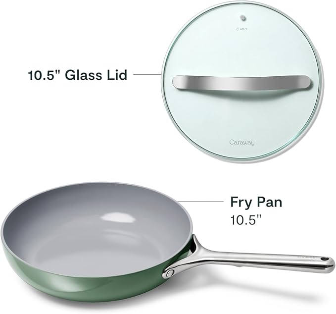 Caraway Nonstick Ceramic Frying Pan With Glass Lid (2.7 qt, 10.5") - Non Toxic, PTFE & PFOA Free - Oven Safe & Compatible with All Stovetops (Gas, Electric & Induction) - Sage