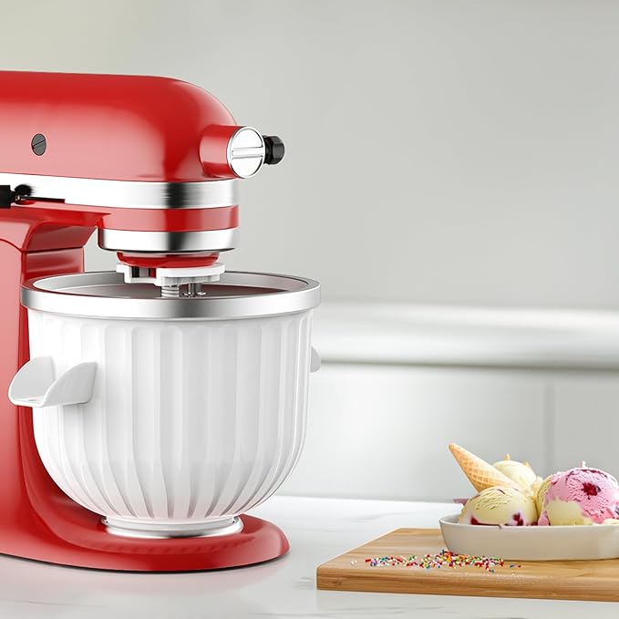 Ice Cream Maker Attachment for Kitchenaid Stand Mixers, Compatible with 4.5Qt to 7Qt for Kitchenaid Mixers, 2-Quart Capacity, Sorbet Gelato & Ice Cream Maker for Kitchenaid Mixer Attachments, White