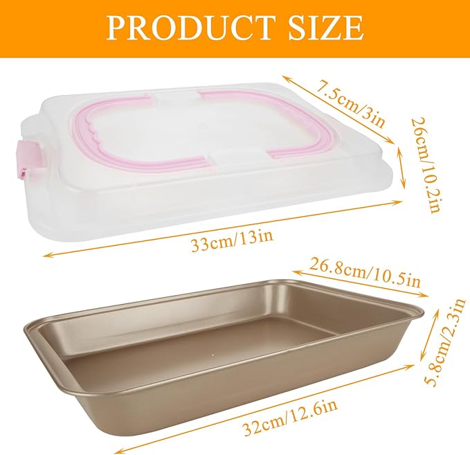 Non-Stick Cake Pan with Lid 9x13 Inch Gold Baking Cake Pan with Plastic Lid, High Sided Sheet Bakeware for Cakes, Brownies, Casseroles