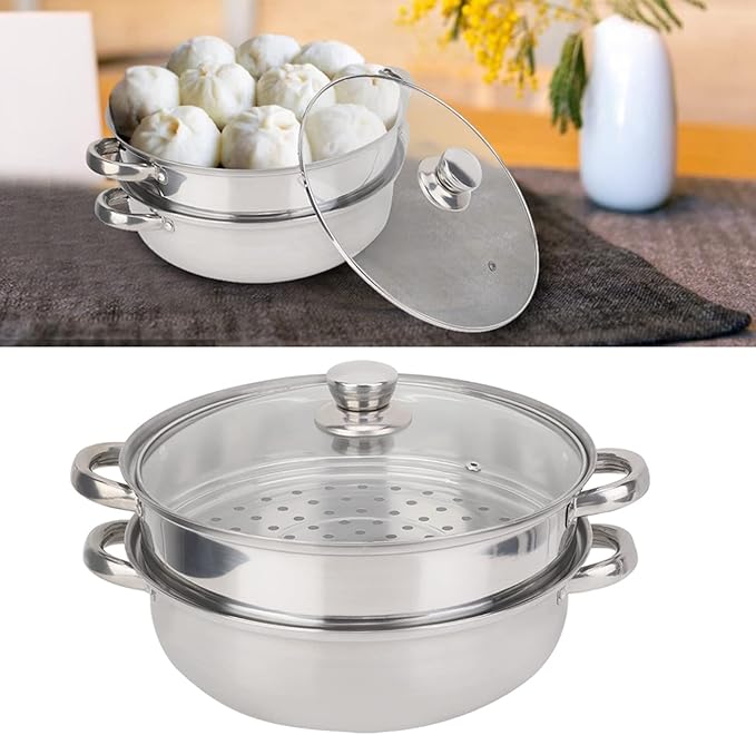 Oumefar Steamer Pot for Cooking, 11in Stainless Steel 2 Layer Steamer Cooking Pot Set, Multipurpose Steamer Pan Set with Glass Lid, Steaming Pot Cookware for Dumpling, Vegetable