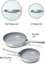 Caraway Ceramic Nonstick Fry Pan Set with Glass Lids – Includes Two 10.5” Fry Pans, One 8” Fry Pan, & Three Lids - Non Toxic, PTFE & PFOA Free - Oven Safe & Compatible with All Stovetops - Gray