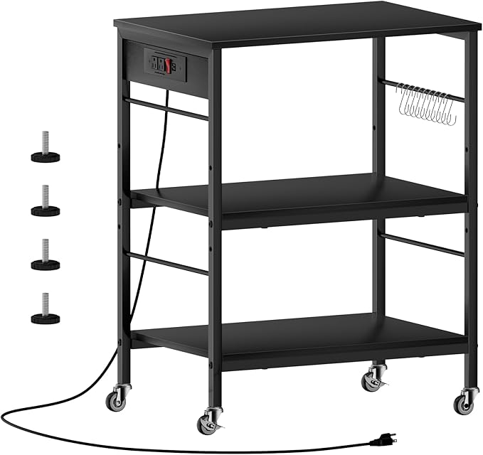 ETELI Bakers Rack with Power Outlet Black Coffee Station Cart Table on Wheels Microwave Stand Table with Storage Shelf for Kitchen Living Room Bedroom