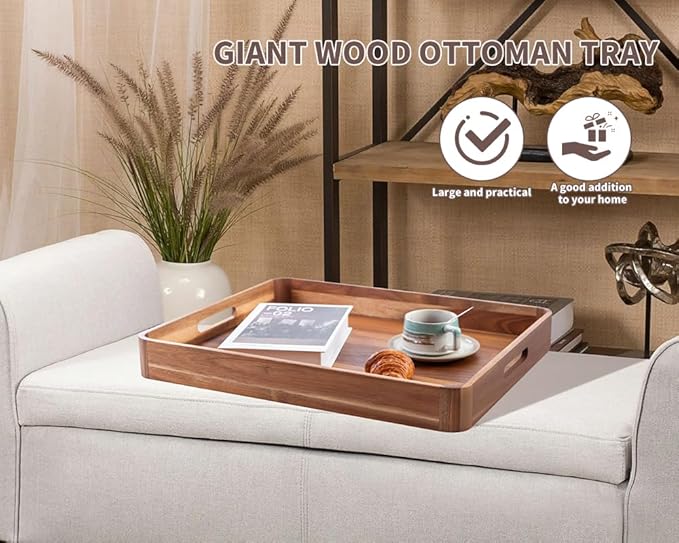 Large Wooden Ottoman Tray, Great 22"x18" Rectangle Trays for Big Ottoman Counter, Huge Kitchen Wood Serving Tray Round Corner, Living Room Coffee Table Decor Centerpiece Organizer Trays