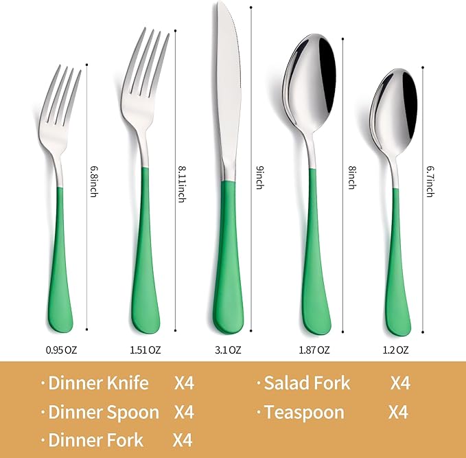 20-Piece Green Silverware Set 18/0 Stainless Steel Silverware Set Green Handle Cutlery Set Service for 4 Dinner Knives Forks Spoons Set Flatware Set Finish Dishwasher Safe…