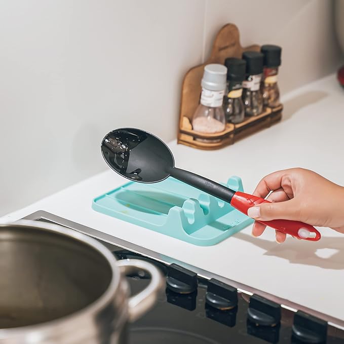 Silicone Spoon Rest for Multiple Utensils, Heat Resistant Utensil Rest for Stovetop, BPA-free Kitchen Utensil Holder with Drip Pad (Red)