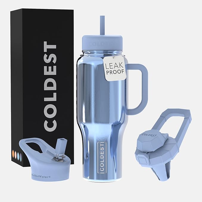 Coldest Tumbler with Handle and Straw - 100% Spill Proof Tumbler with Straw (3 Lids) - Stainless Steel Insulated Leakproof Tumblers for Women & Men - 36 oz (Blue Reflections)
