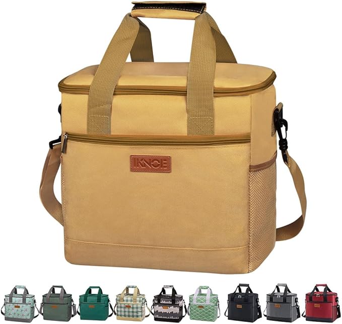 iknoe Large Cooler Bag Collapsible, 15L Insulated Bags, Leakproof Lunch Cooler Tote with Multi-Pockets for Adult, Insulated Lunch Box for Beach, Picnic, Work, Khaki 24-Can